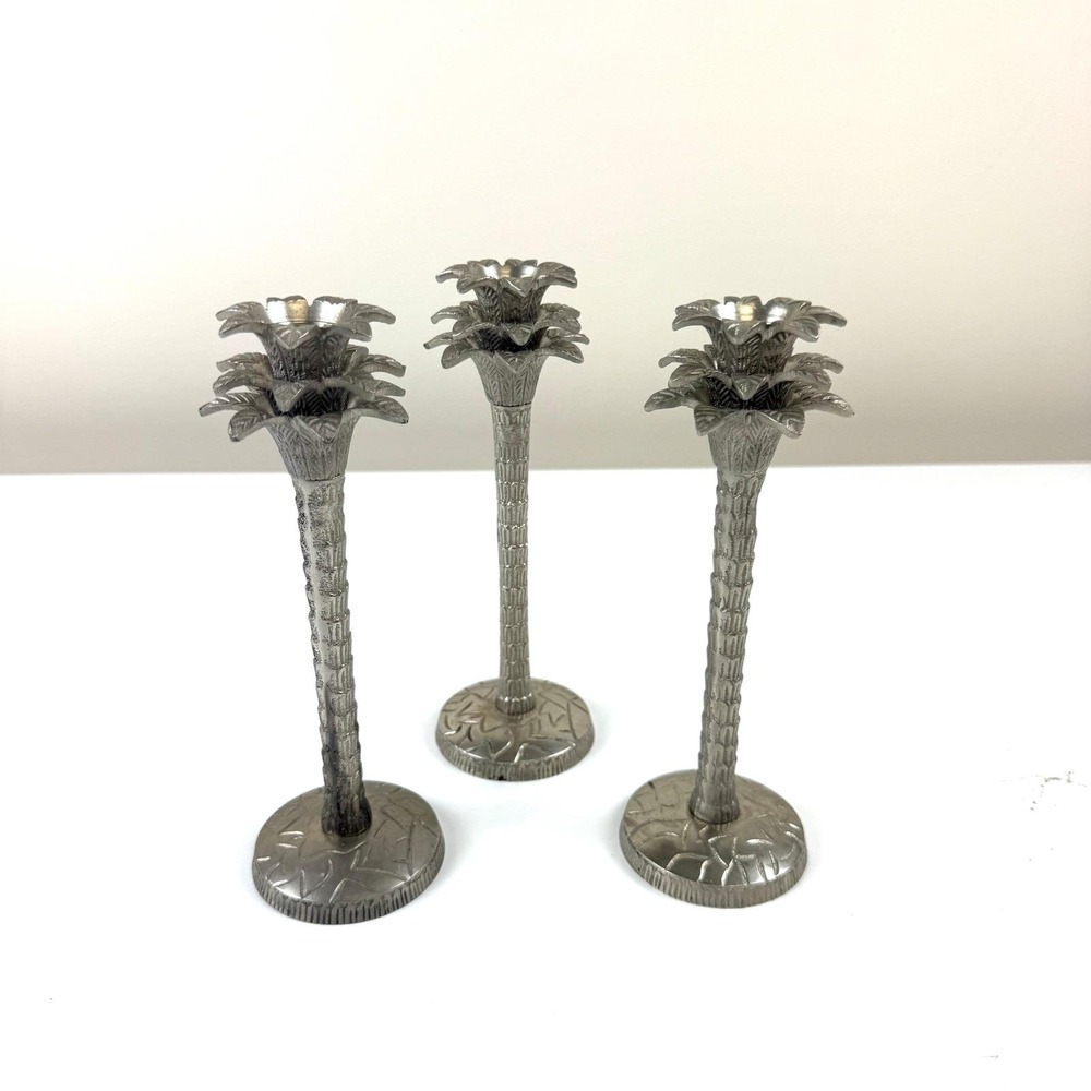 Set of 3 Vintage Palm Tree Candlestick Holders – Silver Aluminum Taper Holders